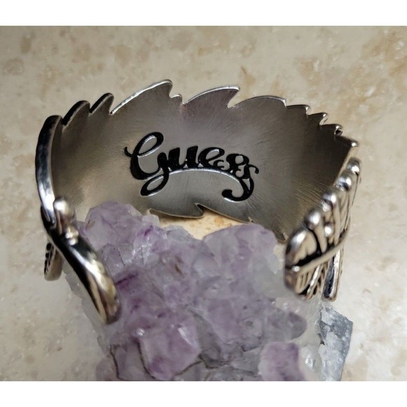 Guess Feather Rhinestone Design Silver Tone Cuff Bracelet Small Wrist - Picture 3 of 6